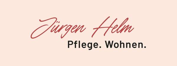 Logo: Schriftzug 'Jürgen Helm' in roter Schreibschrift über dem Text 'Pflege. Wohnen.' in schwarzer serifenloser Schrift auf beigem Hintergrund.